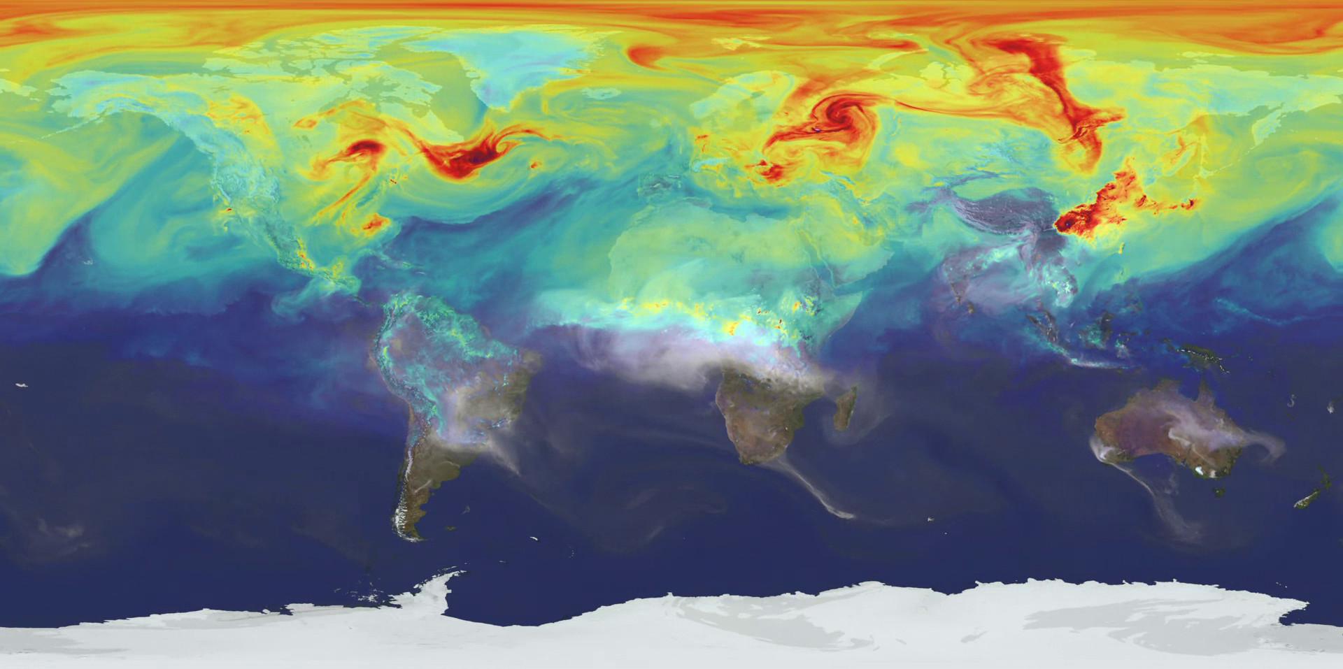 Screenshot of a NASA video of a computer model showing how carbon dioxide in the atmosphere travels around the globe.